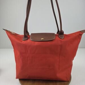 Longchamp Le Pliage Tote Bag Womens Large Red Nylon Brown Leather Shoulder Purse